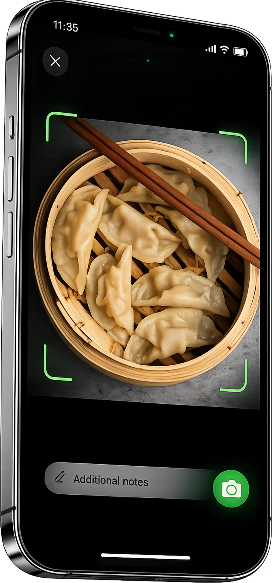 KcalExpose scanning a meal: a bowl of dumplings framed in the app's camera view, with a field for adding a note.